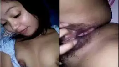 Indian girl slowly touches her small boobies and exposes hairy XXX pussy