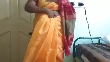 desi indian horny tamil telugu kannada malayalam hindi cheating wife vanitha wearing orange colour saree showing big boobs and shaved pussy press ha