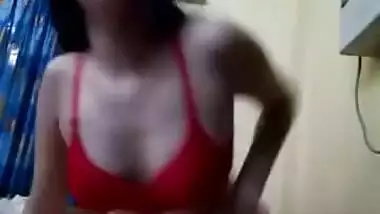 Indian teen takes off red lingerie to show XXX boobs in solo sex video