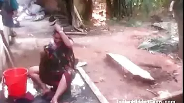 Mature Indian Housewife Open Air Outdoor Shower Filmed By Neighbor